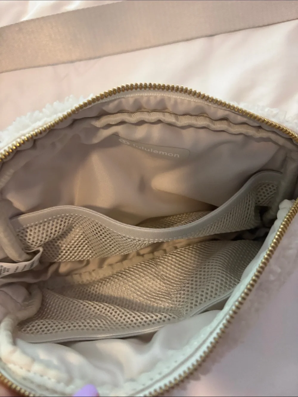 lululemon athletica Cream Sherpa Waist Pack with Silver Buckle